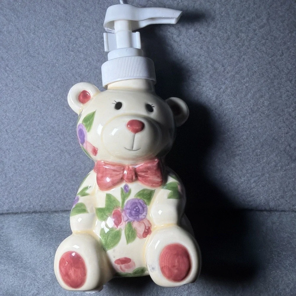 Vintage Ceramic Teddy Bear Soap Dispenser Pump, Freestanding, Floral.